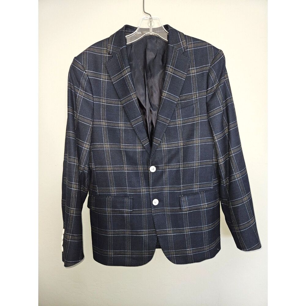 Zara Man's Navy Blue Plaid Elbow Patch Blazer Sport Coat US 38 EUR 48